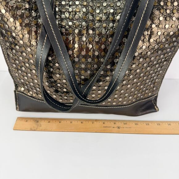 Patricia Nash 2 Tone Silver Bronze Studded Large Black Leather Shoulder tote bag - Picture 10 of 12